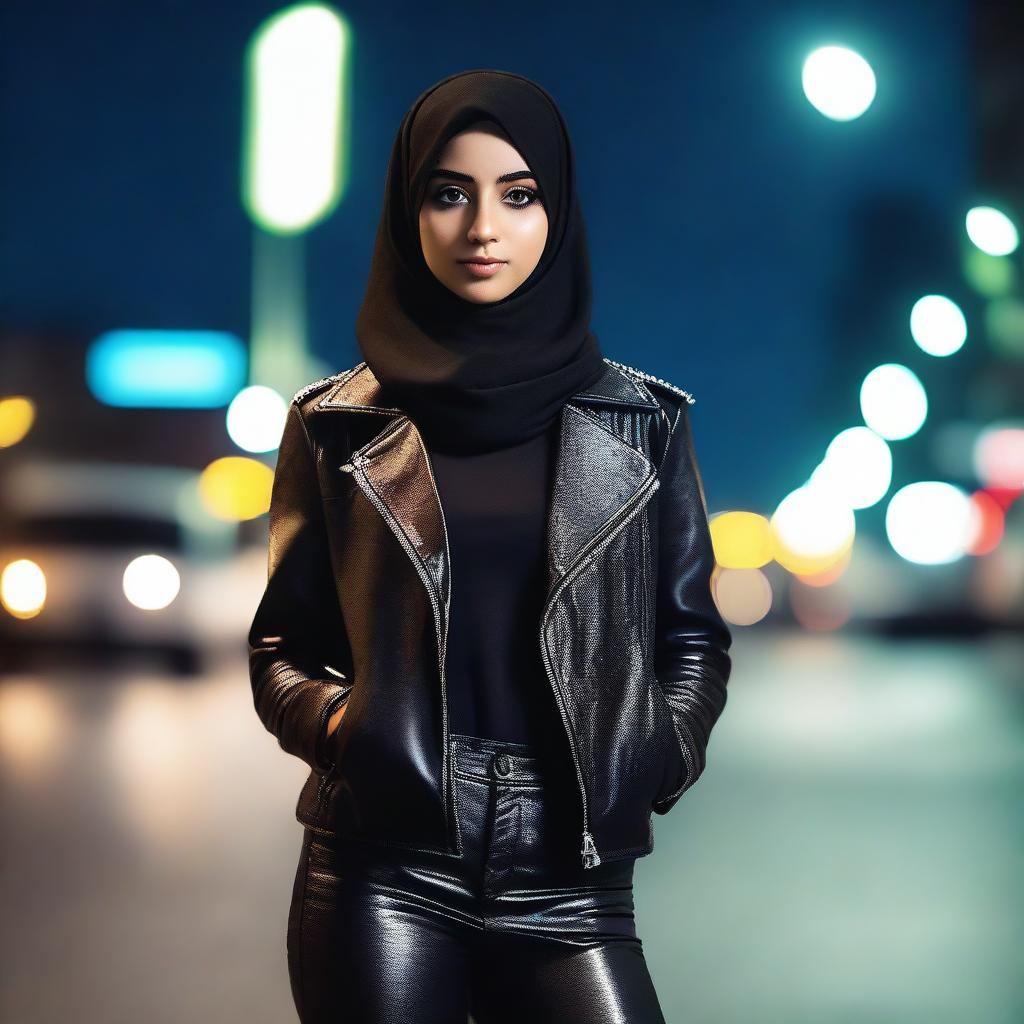 An 18-year-old Muslim girl wearing a fashionable leather outfit