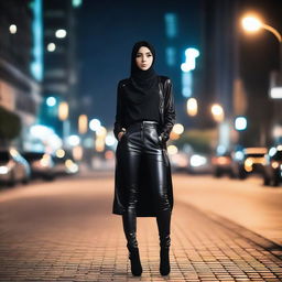 An 18-year-old Muslim girl wearing a fashionable leather outfit