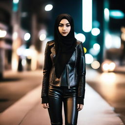 An 18-year-old Muslim girl wearing a fashionable leather outfit