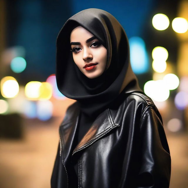 An 18-year-old Muslim girl wearing a stylish and edgy leather outfit