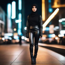 An 18-year-old Muslim girl wearing a stylish and edgy leather outfit