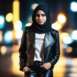 An 18-year-old Muslim girl wearing a stylish and edgy leather outfit