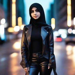 An 18-year-old Muslim girl wearing a stylish and edgy leather outfit