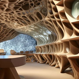 A parametrically designed library inspired by brain frequencies; with bookshelves representing brain waves, alpha, beta, and theta waves represented through unique geometric patterns imbued into the structure.