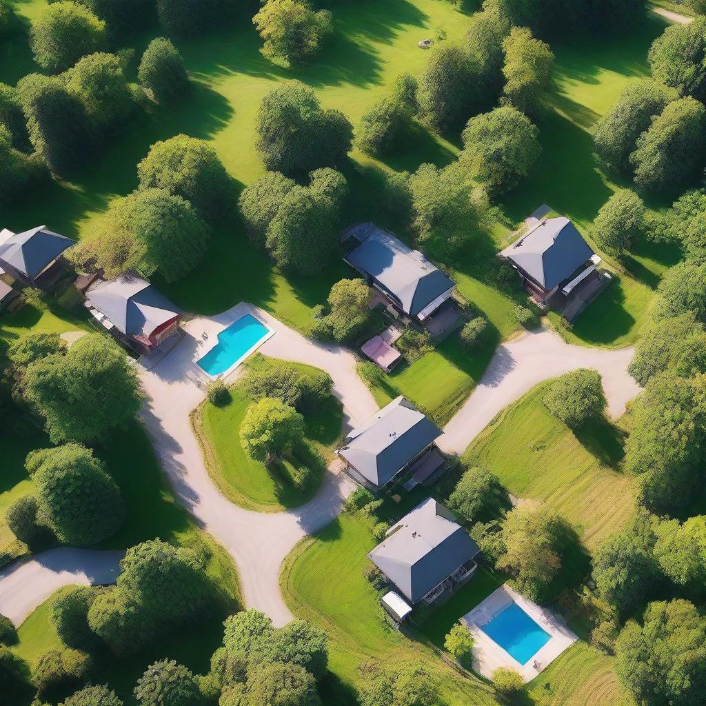 Aerial view of rural landscapes with an intermediate road, featuring elegant cabins, trees, and swimming pools