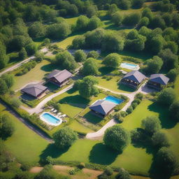 Aerial view of rural landscapes with an intermediate road, featuring elegant cabins, trees, and swimming pools