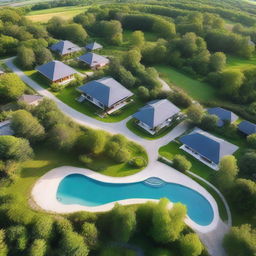 Aerial view of rural landscapes with an intermediate road, featuring elegant cabins, trees, and swimming pools