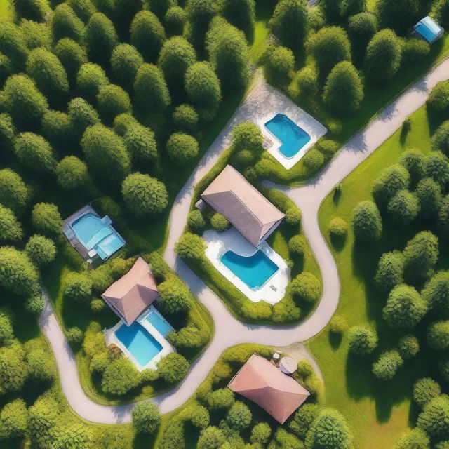 Aerial view of rural landscapes with an intermediate road, featuring elegant cabins, trees, and swimming pools