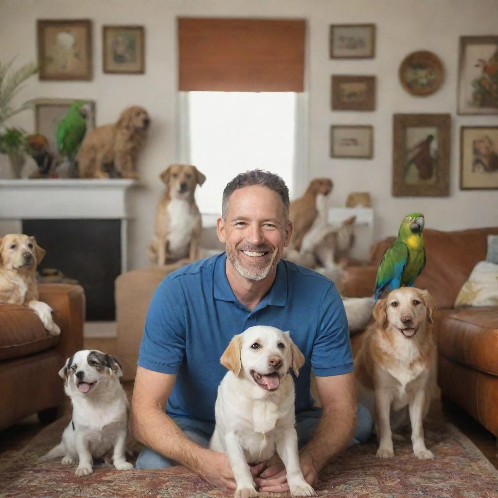 A happy man surrounded by a variety of animals, including dogs, cats, and a parrot, in a cozy living room setting.