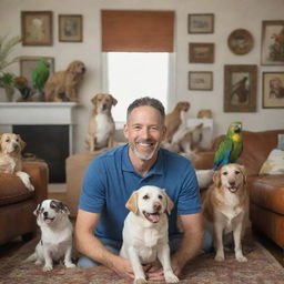 A happy man surrounded by a variety of animals, including dogs, cats, and a parrot, in a cozy living room setting.