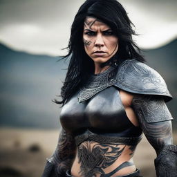 A dark-haired barbarian woman with intricate tattoos covering her arms and shoulders