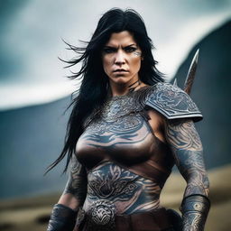 A dark-haired barbarian woman with intricate tattoos covering her arms and shoulders