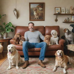 A happy man surrounded by a variety of animals, including dogs, cats, and a parrot, in a cozy living room setting.