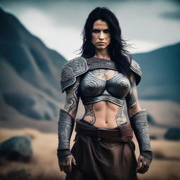 A dark-haired barbarian woman with intricate tattoos covering her arms and shoulders