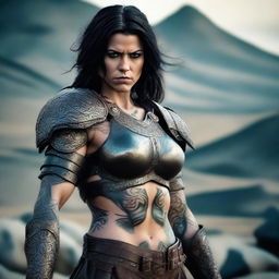 A dark-haired barbarian woman with intricate tattoos covering her arms and shoulders