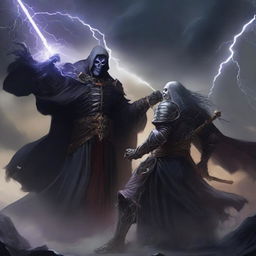 An epic battle scene featuring Vecna, the lich, fighting against Kas, the vampire