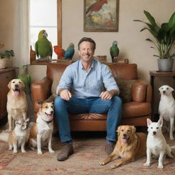 A happy man surrounded by a variety of animals, including dogs, cats, and a parrot, in a cozy living room setting.