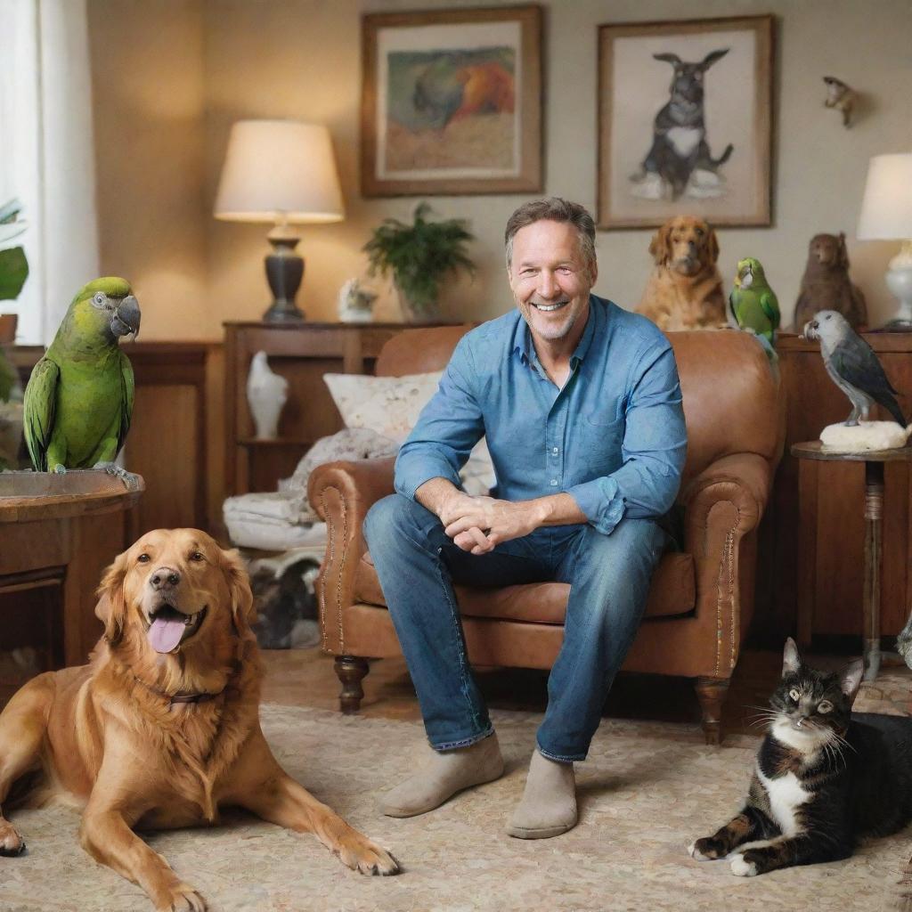 A happy man surrounded by a variety of animals, including dogs, cats, and a parrot, in a cozy living room setting.