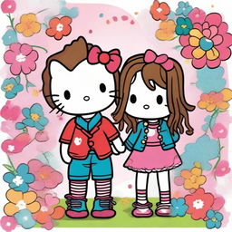 A charming Hello Kitty-themed artwork featuring a couple