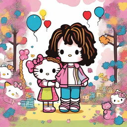 A charming Hello Kitty-themed artwork featuring a couple