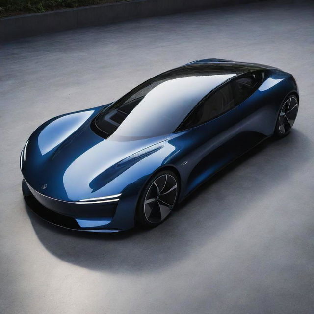 A sleek, futuristic electric car with a glossy finish, aerodynamic design, and innovative features such as touchscreens and autonomous driving hardware.