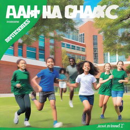 A vibrant and engaging school magazine cover featuring students participating in various activities such as sports, science projects, and art