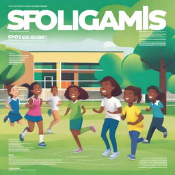 A vibrant and engaging school magazine cover featuring students participating in various activities such as sports, science projects, and art