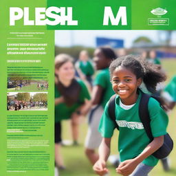 A vibrant and engaging school magazine cover featuring students participating in various activities such as sports, science projects, and art