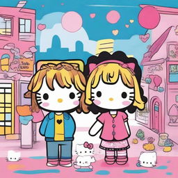 A charming Hello Kitty-themed artwork featuring a couple