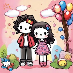 A charming Hello Kitty-themed artwork featuring a couple