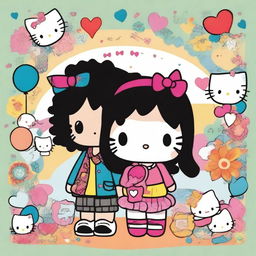 A charming Hello Kitty-themed artwork featuring a couple