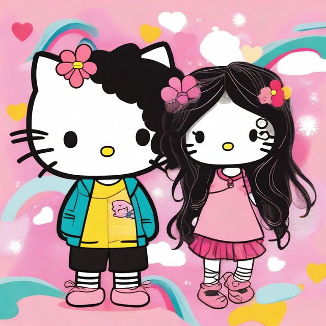 A charming Hello Kitty-themed artwork featuring a couple