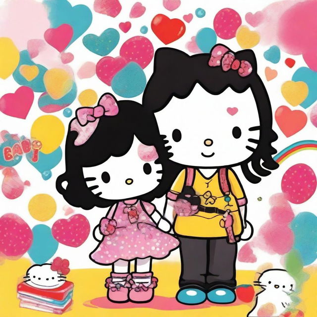 A charming Hello Kitty-themed artwork featuring a couple