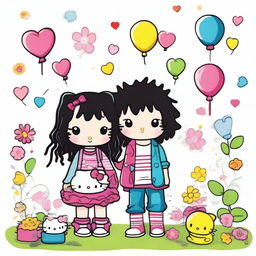 A charming Hello Kitty-themed artwork featuring a couple