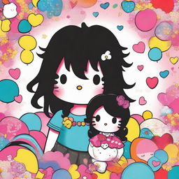 A charming Hello Kitty-themed artwork featuring a couple