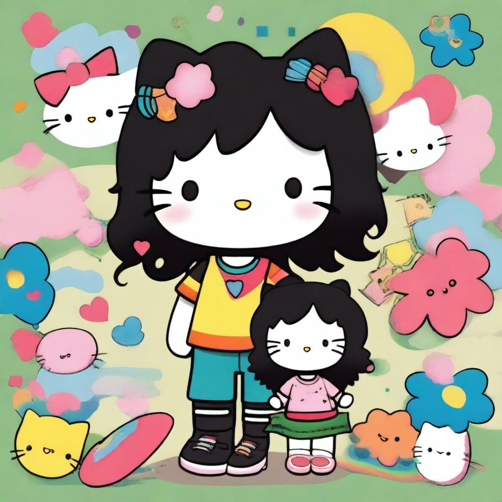 A charming Hello Kitty-themed artwork featuring a boy with black dreadlocks and a girl with long black curly hair