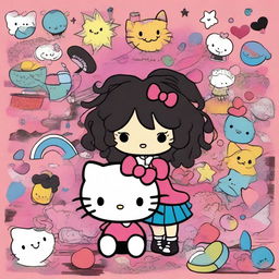 A charming Hello Kitty-themed artwork featuring a boy with black dreadlocks and a girl with long black curly hair