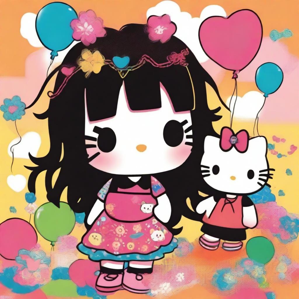 A charming Hello Kitty-themed artwork featuring a boy with black dreadlocks and a girl with long black curly hair