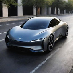 A sleek, futuristic electric car with a glossy finish, aerodynamic design, and innovative features such as touchscreens and autonomous driving hardware.