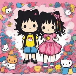 A charming Hello Kitty-themed artwork featuring a boy with black dreadlocks and a girl with long black curly hair