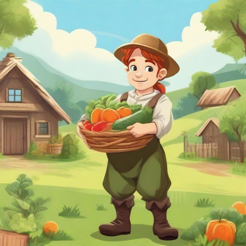 A cheerful halfling farmer standing in a lush green field, holding a basket of freshly harvested vegetables