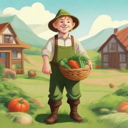 A cheerful halfling farmer standing in a lush green field, holding a basket of freshly harvested vegetables