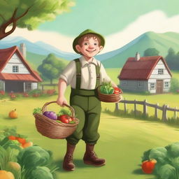 A cheerful halfling farmer standing in a lush green field, holding a basket of freshly harvested vegetables