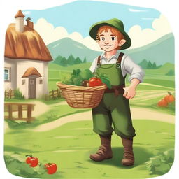 A cheerful halfling farmer standing in a lush green field, holding a basket of freshly harvested vegetables