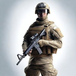 A realistic image of a soldier wearing a transparent uniform and holding a rifle