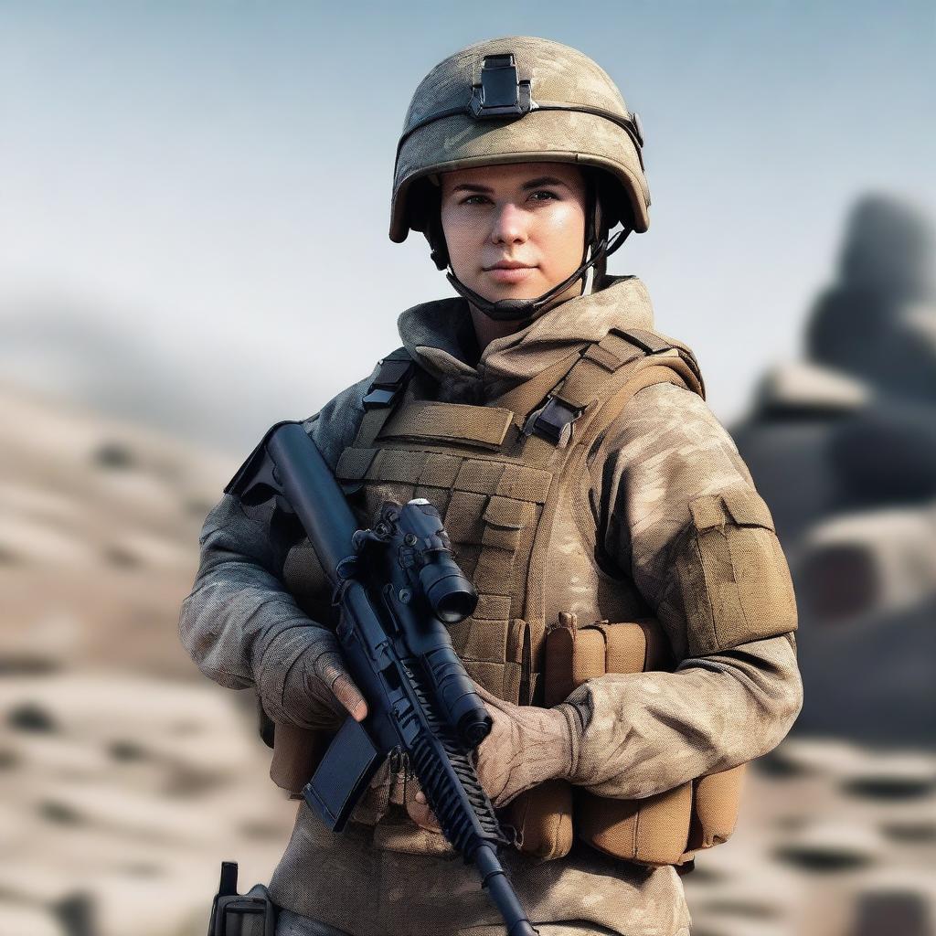 A realistic image of a female soldier wearing a transparent uniform and holding a rifle