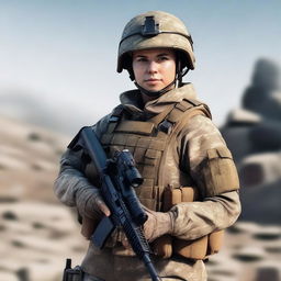 A realistic image of a female soldier wearing a transparent uniform and holding a rifle