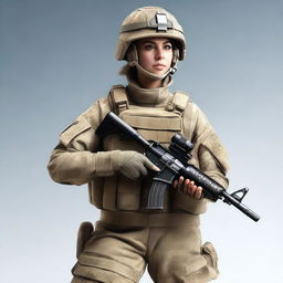 A realistic image of a female soldier wearing a transparent uniform and holding a rifle