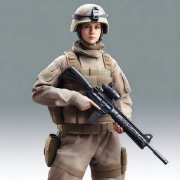 A realistic image of a female soldier wearing a transparent uniform and holding a rifle