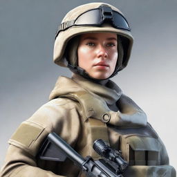 A realistic image of a female soldier wearing a transparent uniform and holding a rifle